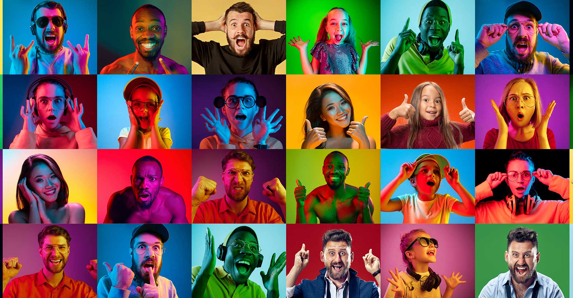 Mosaic image of various people with colorful backgrounds