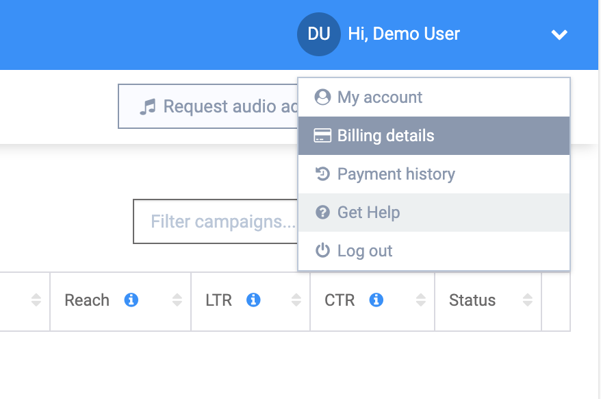 AudioGO Billing Details Menu